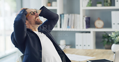 Buy stock photo Happy businessman, relax and rest with break for deadline success, completion or done in office. Man, employee or stretch with finished tasks, achievement or project accomplishment in workplace