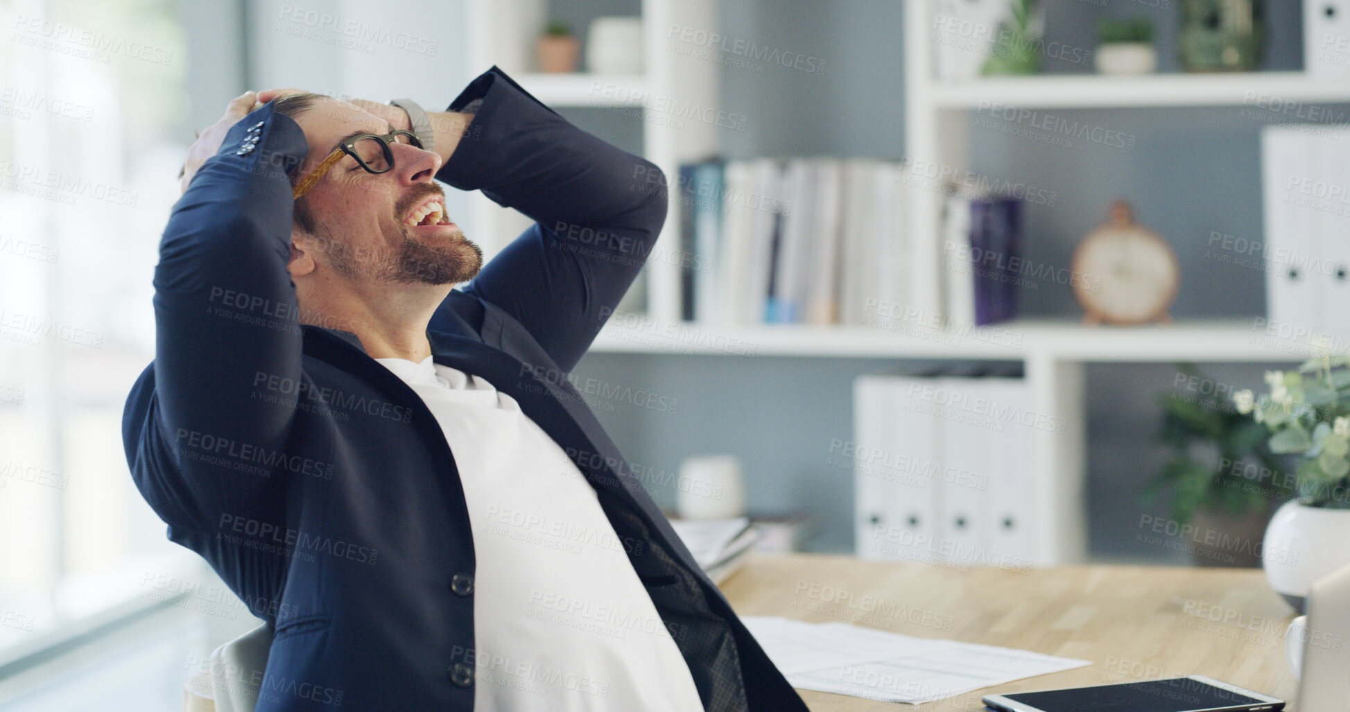 Buy stock photo Happy businessman, relax and rest with break for deadline success, completion or done in office. Man, employee or stretch with finished tasks, achievement or project accomplishment in workplace