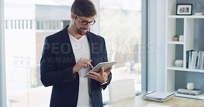 Buy stock photo Businessman, tablet and research with report in office for planning, company consultant and performance analyst. Professional, client feedback and reading with person in agency for project idea