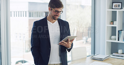Buy stock photo Businessman, tablet and reading with report in office for planning, company consultant and performance analyst. Professional, client feedback and research with person in agency for project idea