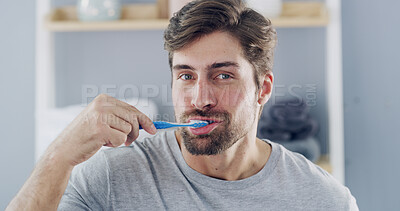 Buy stock photo Man, portrait and brushing teeth for dental care, hygiene or oral health in bathroom. Male person, toothbrush and cleaning mouth in POV for gum wellness, fresh breath or morning routine in home
