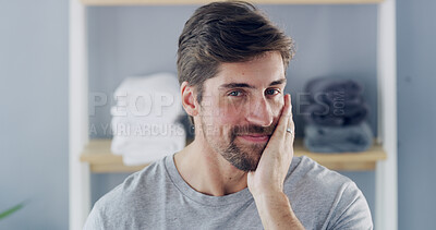 Buy stock photo Portrait, smile and beard with man in bathroom for beauty, morning routine and pride. Self care, dermatology and facial grooming with male person in home for confidence, hygiene and skincare