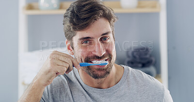 Buy stock photo Happy man, portrait or brushing with toothbrush for dental care, hygiene or oral health in bathroom. Male person, mouth and cleaning teeth in POV for gum wellness, fresh breath or routine in home