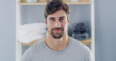 Buy stock photo Beard, morning routine and portrait of man in bathroom of home for grooming or hygiene results. Aesthetic, cosmetics and face of happy person in apartment for beauty, health or wellness regime