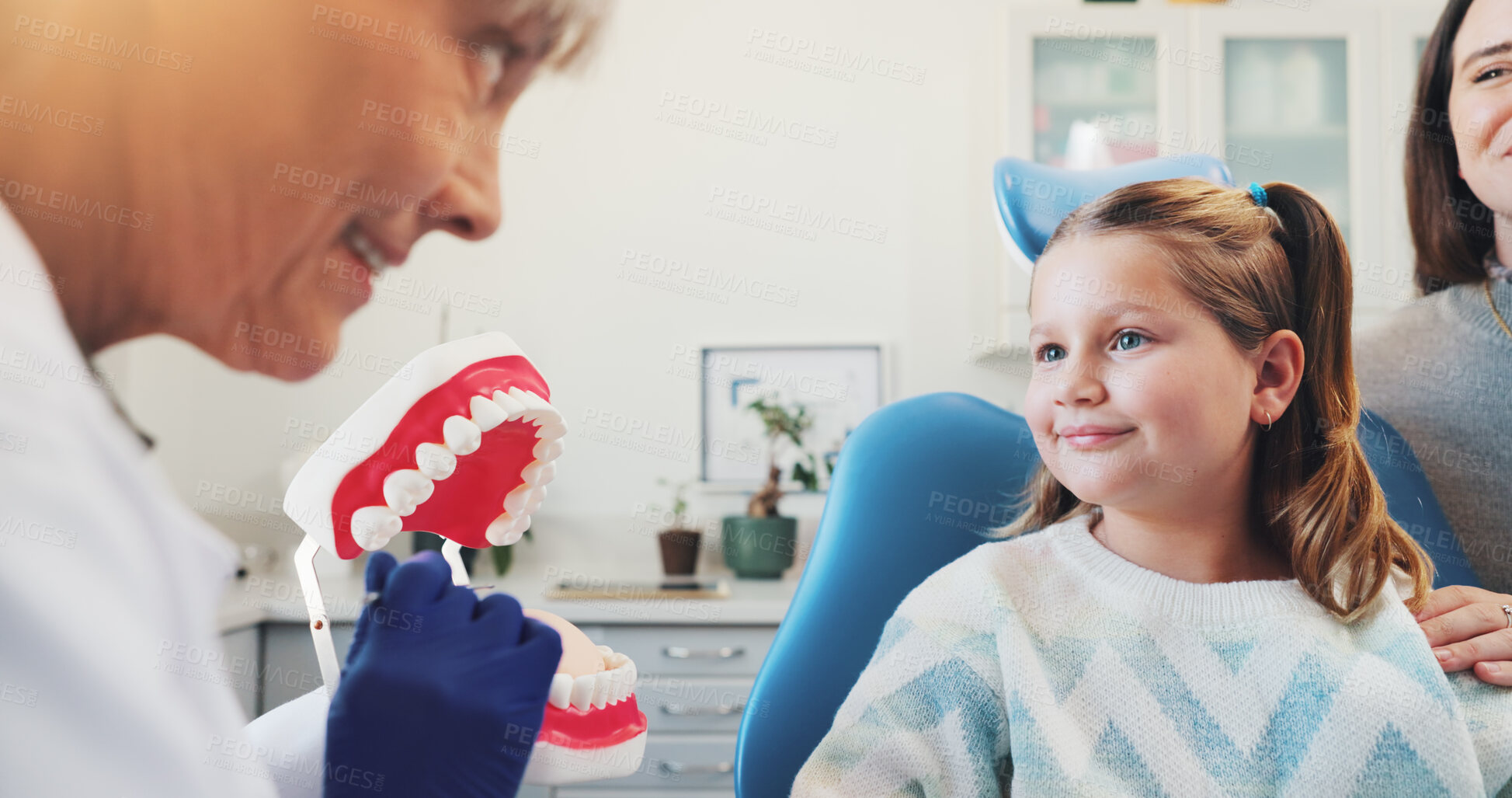 Buy stock photo Teaching, child and dentist with mouth model for medical check, teeth hygiene or dental health. Tooth decay, healthcare procedure or smile with patient in clinic for oral care, advice or plastic mold