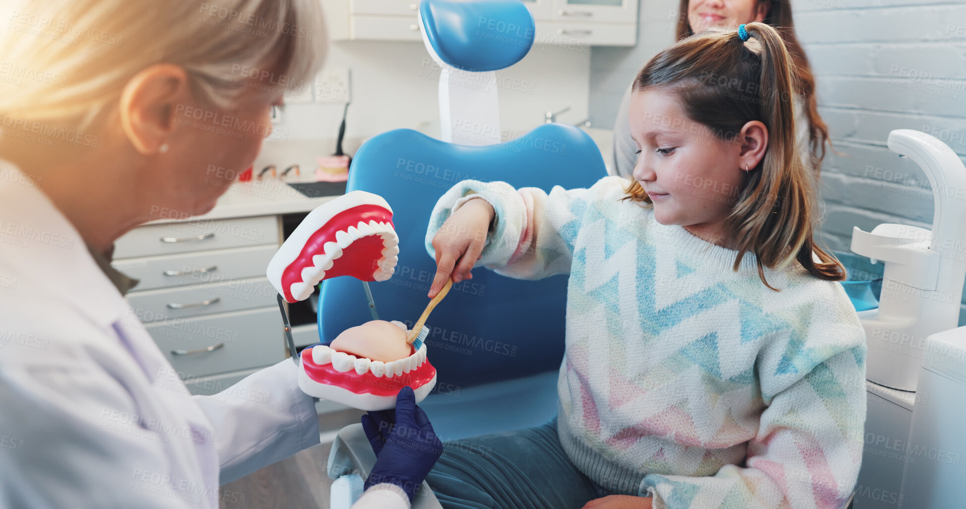 Buy stock photo Child, brushing teeth and dentist with mouth model for medical check, hygiene or dental health. Tooth decay, healthcare procedure and teaching girl kid in clinic for oral care, clean or plastic mold