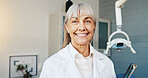 Happy, dentist and portrait of woman with smile for medical service, oral hygiene and mouth wellness. Healthcare, dental clinic and mature person for orthodontist care, teeth cleaning and treatment