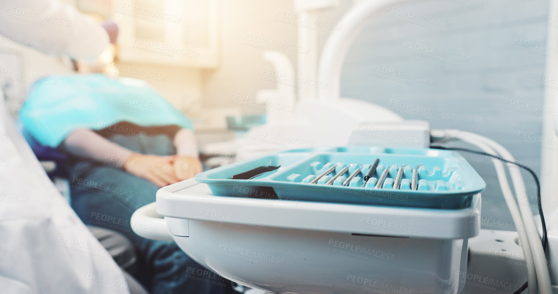 Buy stock photo Dentist, tools and closeup of tray in consultation for healthcare, procedure and health in clinic. Oral hygiene, dental person and specialist with mirror, excavator or orthodontic equipment for check