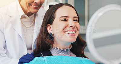 Buy stock photo Teeth, smile and mirror with woman at dentist for dental care, treatment and fresh breath. Cleaning, tooth whitening and happy person for oral hygiene, orthodontics or wellness with veneer inspection