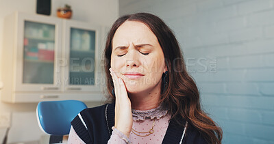 Buy stock photo Cavity, pain and toothache with woman at dentist for appointment, checkup or extraction. Dental care, oral hygiene and teeth with upset patient at orthodontist to prevent gum disease or decay