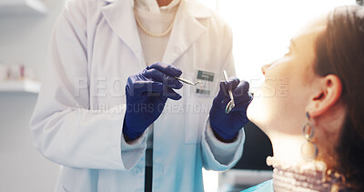 Buy stock photo Hands, patient and procedure with tools at dentist for periodontal health, gum assessment or exam. Oral hygiene, gloves and person with probe for cavity inspection, dental care and tooth extraction