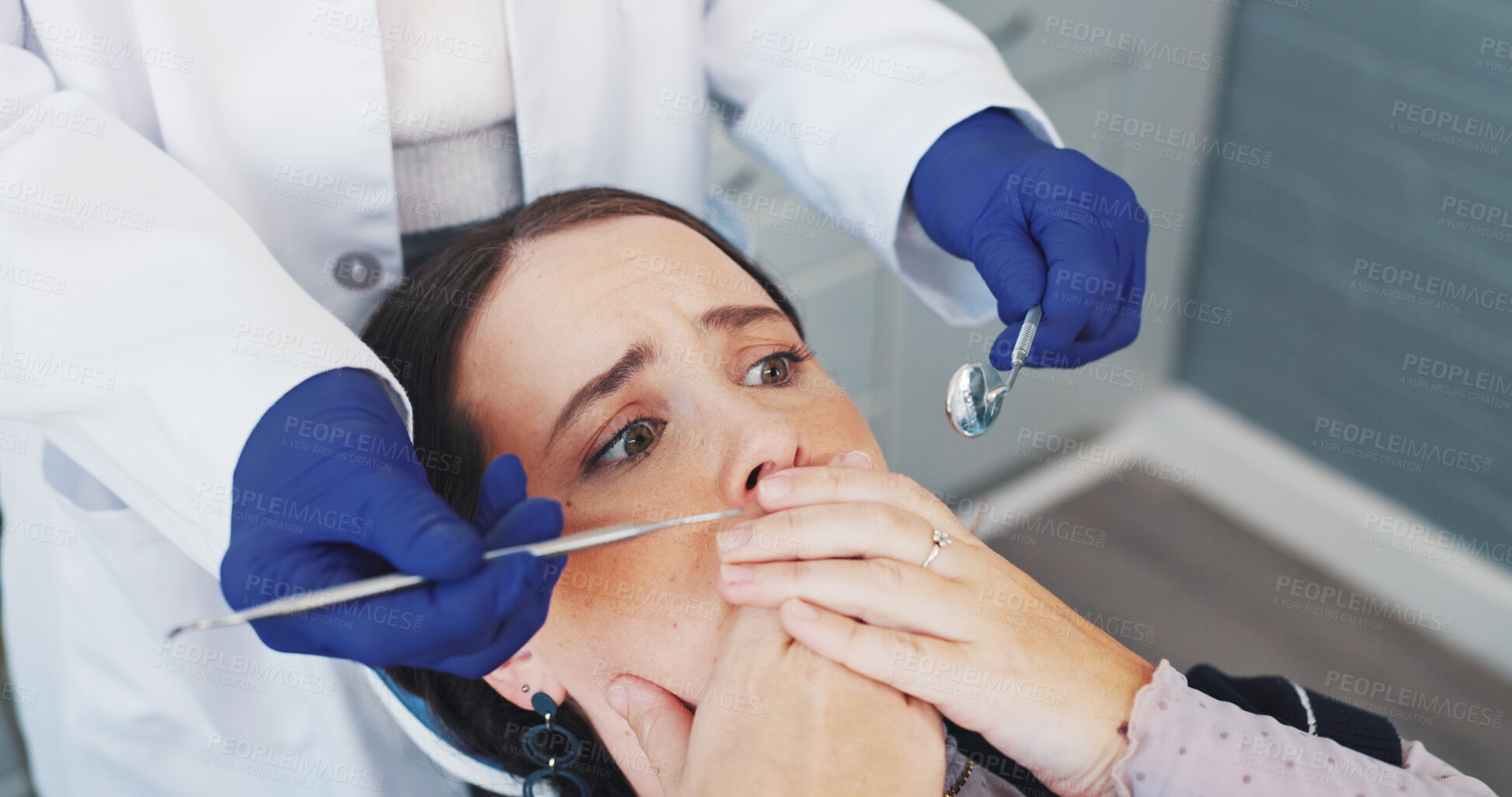 Buy stock photo Appointment, oral and fear with woman at dentist for cleaning, hygiene or mouth surgery in clinic. Checkup, stress and tooth care with scared patient in office for healthcare or medical consulting