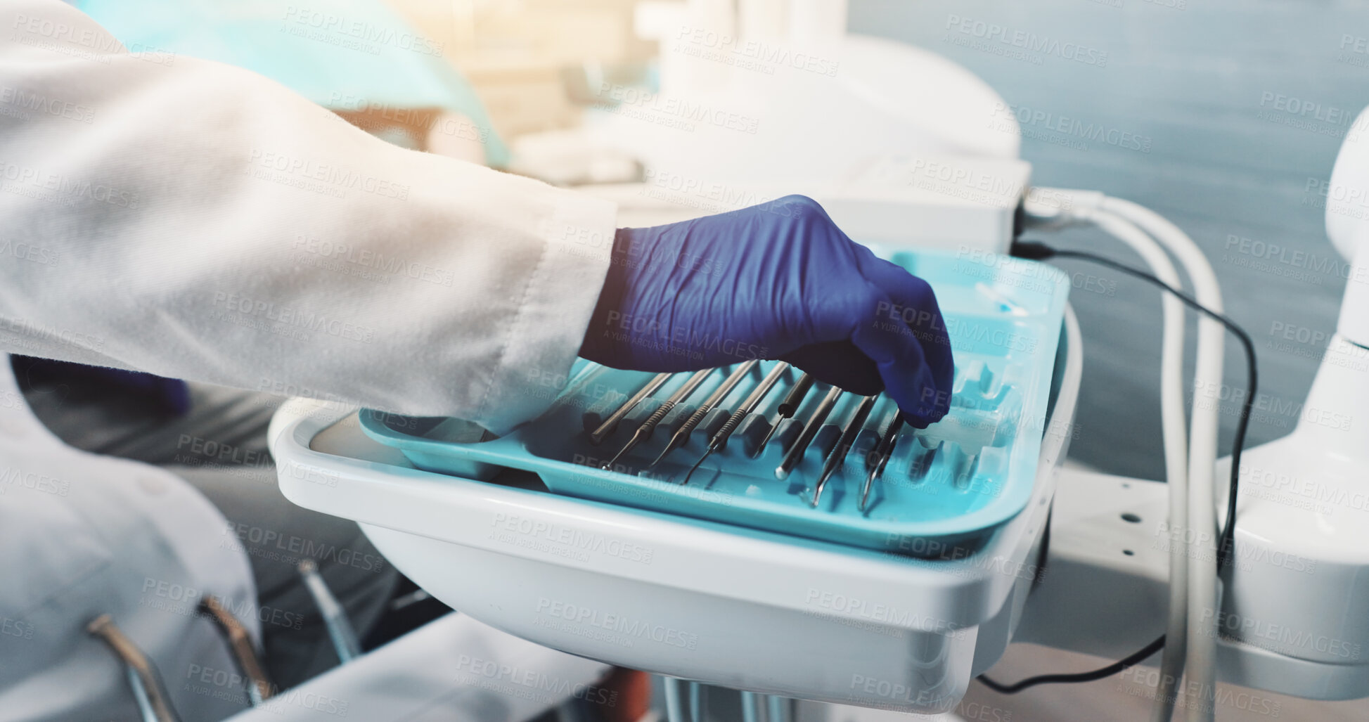 Buy stock photo Appointment, checkup and hand of dentist in office for cleaning, healthcare or medical consulting. Equipment, hygiene and tools with medicine professional in clinic for oral exam or tooth care