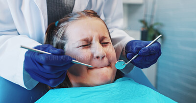 Buy stock photo Hands, dental care and girl in chair, fear or equipment with wellness, consultation or tooth decay. Phobia, medical service or young patient with tools, oral health or scared with anxiety or cavities