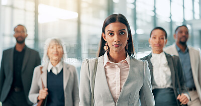 Buy stock photo Portrait, business and woman with staff at airport for work travel, airplane flight and conference. People, teamwork and confidence for leadership, international trip and journey abroad of convention