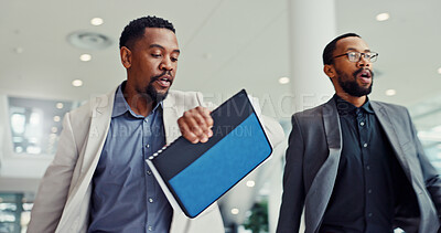 Buy stock photo Businessman, check watch and late in lobby with documents, rush and stress for schedule at company. Black people, partnership and reminder with clock, time management or paperwork at insurance agency