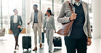 Airport, collaboration and people with suitcase, business travel and team on trip for case and walk. Group, talk and colleagues with luggage for international journey, attorney and abroad for trial