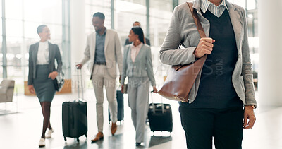 Buy stock photo Airport, business travel and person with group, commuting or attorney with luggage, journey or case. Walking, team and lawyer on international trip for trial, abroad or opportunity for career growth