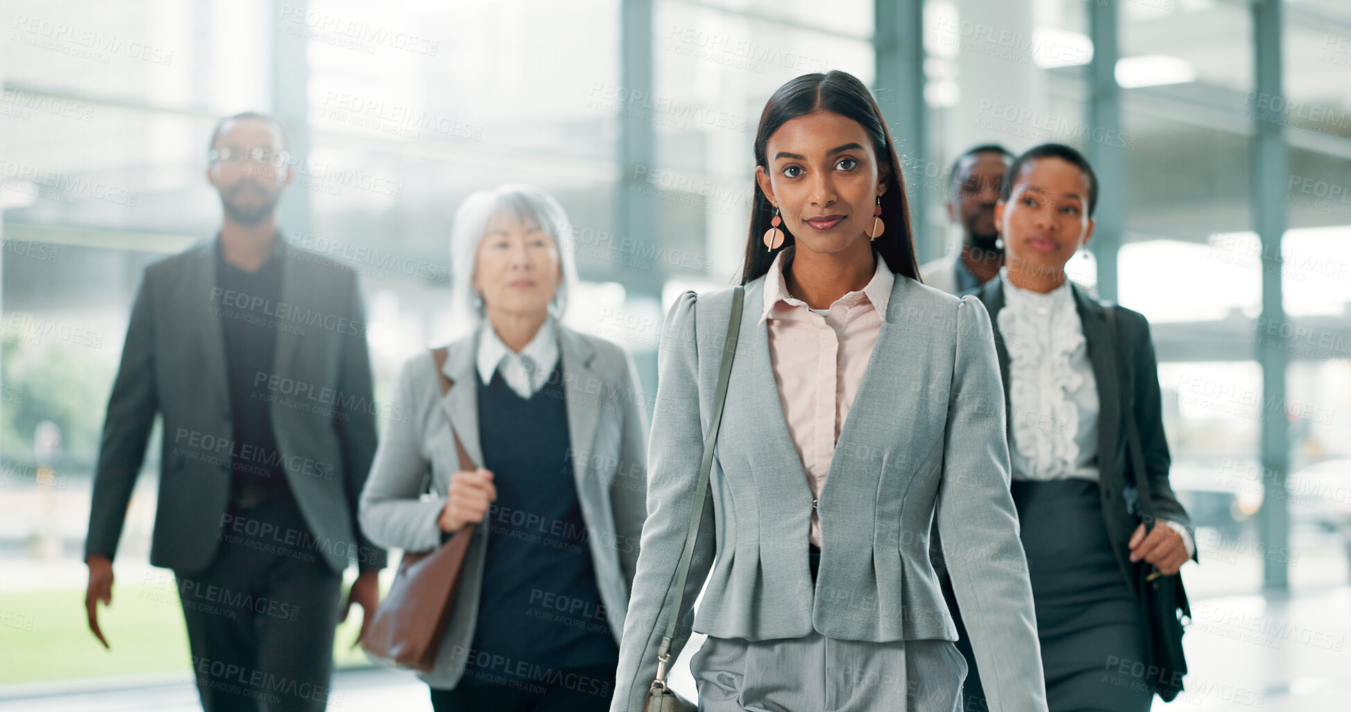 Buy stock photo Portrait, business and woman with team at airport for work travel, airplane flight or conference. People, opportunity or confidence for leadership, international trip or journey abroad for convention