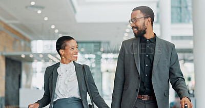 Buy stock photo Business travel, team and people with luggage, airport and international journey for case or lawyer. Colleagues, walk and trip for trial, African or commuting with suitcase, attorney or collaboration