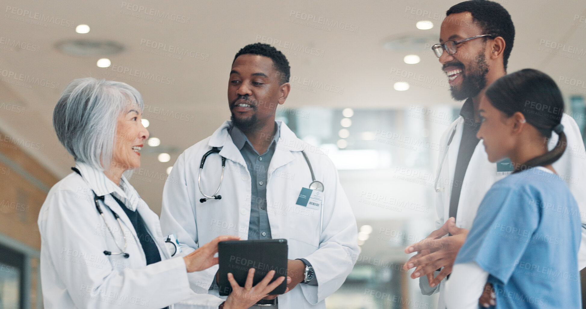 Buy stock photo Doctors, tablet and group in hospital, healthcare and conversation with teamwork. Employees, medical service and professional in clinic, tech and feedback for diagnosis, talking and app for schedule
