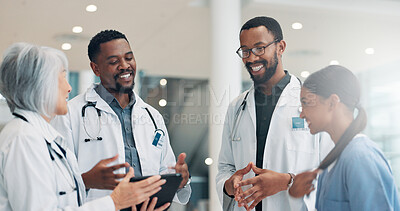 Buy stock photo Doctors, smile and group in hospital, healthcare and conversation with feedback for research funding. Tablet, men and women in clinic, medical service or professional with internet, email or wellness
