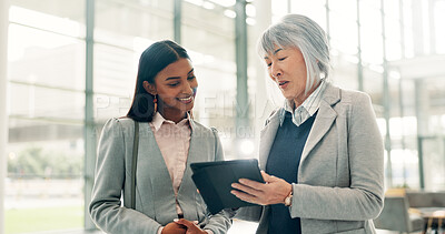 Buy stock photo Business, tablet or women in office, discussion or online investment with collaboration. Employees, people or financial advisors in hallway, tech or digital app for inflation report or review revenue