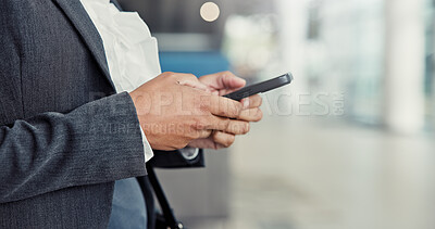 Buy stock photo Business person, hands and browsing with phone at airport for travel, online booking or app. Employee, user or email with mobile smartphone for research, communication or job opportunity on space