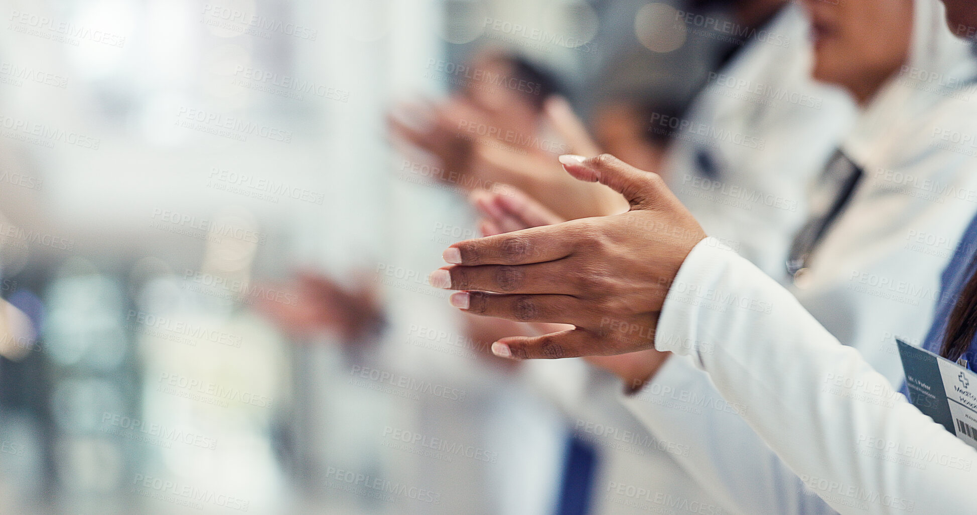 Buy stock photo Medical people, team and clapping hands with congratulations, meeting and healthcare success at hospital. Doctor, surgeon or group of health professional applause for winning or promotion at clinic