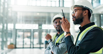 Buy stock photo Engineer, radio and team discussion for construction project, maintenance or progress update. African men, architect and talking with tech for building inspection, office renovation and communication