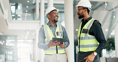 Buy stock photo Engineer, tablet and team talk for building inspection, maintenance and discussion. Happy African men, architect and collaboration for construction project, industrial development or tech repairs
