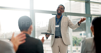 Buy stock photo Tablet, businessman and presentation in conference room for meeting, results or financial workshop. Tech, smile and presenter with team in office for revenue growth, investment increase and profit