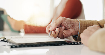 Buy stock photo Hands, meeting and business person writing notes for agenda, to do list and project management ideas. Pen, book and worker with team for planning strategy, brainstorming or schedule summary in office