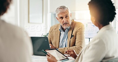 Buy stock photo Collaboration, finance and meeting with business people in office together for planning or strategy, Accounting, computer and tablet with employee team at work for financial investment or trading