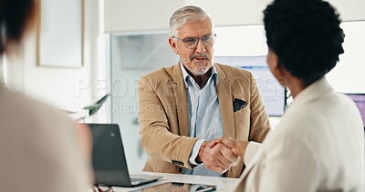 Buy stock photo CEO, business people and handshake for deal, partnership and financial agreement for company sale. Happy buyer, mature investor and shaking hands for b2b acquisition, equity purchase and thank you