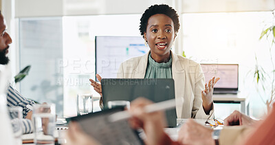 Buy stock photo Meeting, manager and business woman with proposal, pitch ideas and insurance solution in office. Group, speaking and leader planning project, problem solving and feedback for risk management policy