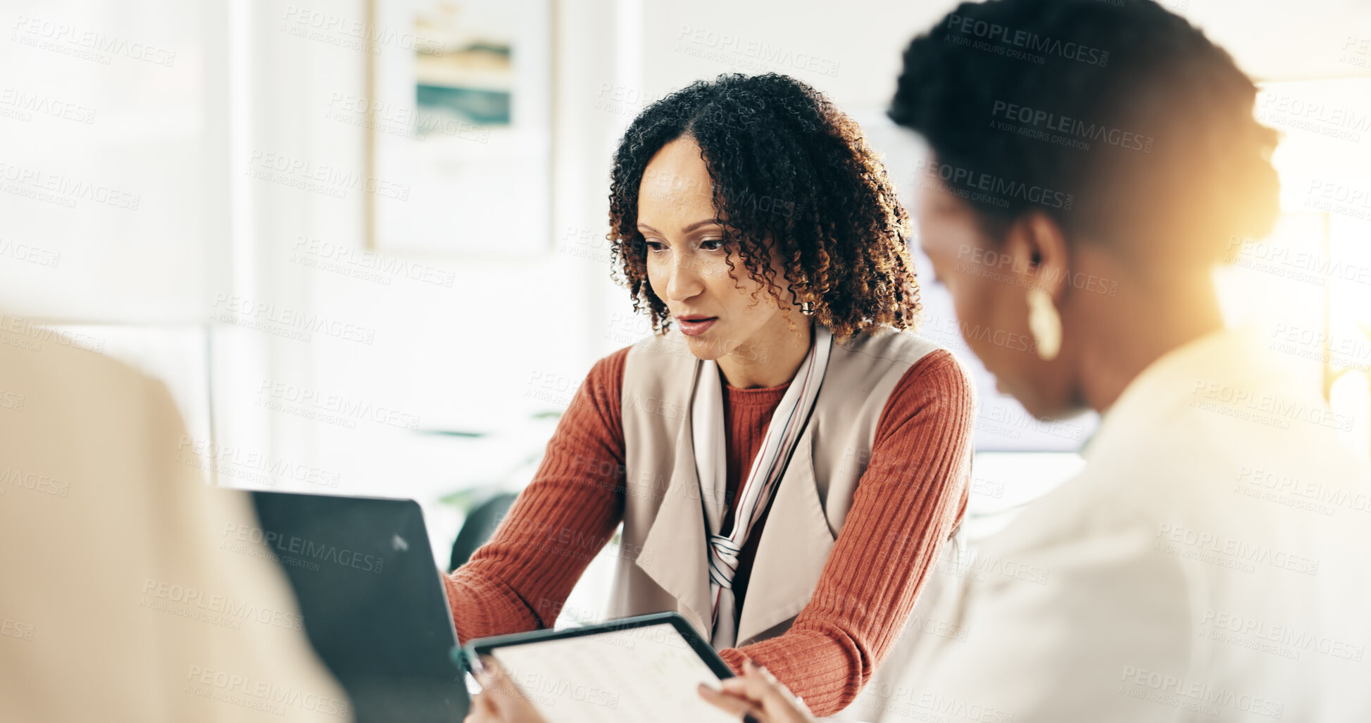Buy stock photo Finance, meeting and tech with business people in office together for collaboration or planning, Accounting, laptop and research with employee team in workplace for financial or wealth management