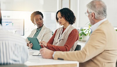 Buy stock photo Meeting, tablet and business people in office, planning and conversation with collaboration. Group, tech and employees in workplace, brainstorming and ideas for proposal, design team and research