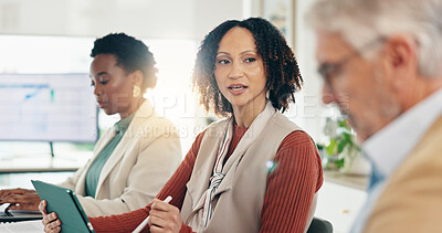 Buy stock photo Finance, meeting and tablet with business people in office together for collaboration or planning, Accounting, investment or trading with employee team in workplace for financial or wealth management