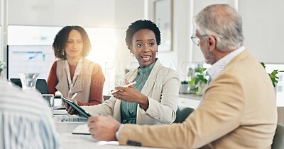 Buy stock photo Meeting, tablet and business people in office, discussion and planning with research project. Group, technology and employees in workplace, collaboration and ideas for proposal, stats or conversation