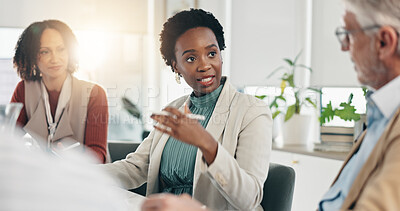 Buy stock photo Meeting, group and woman with plan for project, investment analyst and ideas for proposal in office. Serious, colleagues and people with financial strategy for funding, discussion and opportunity