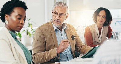 Buy stock photo Meeting, tablet and business people in office, feedback and planning with collaboration. Group, tech and employees in workplace, research and ideas for proposal, conversation and advice for project