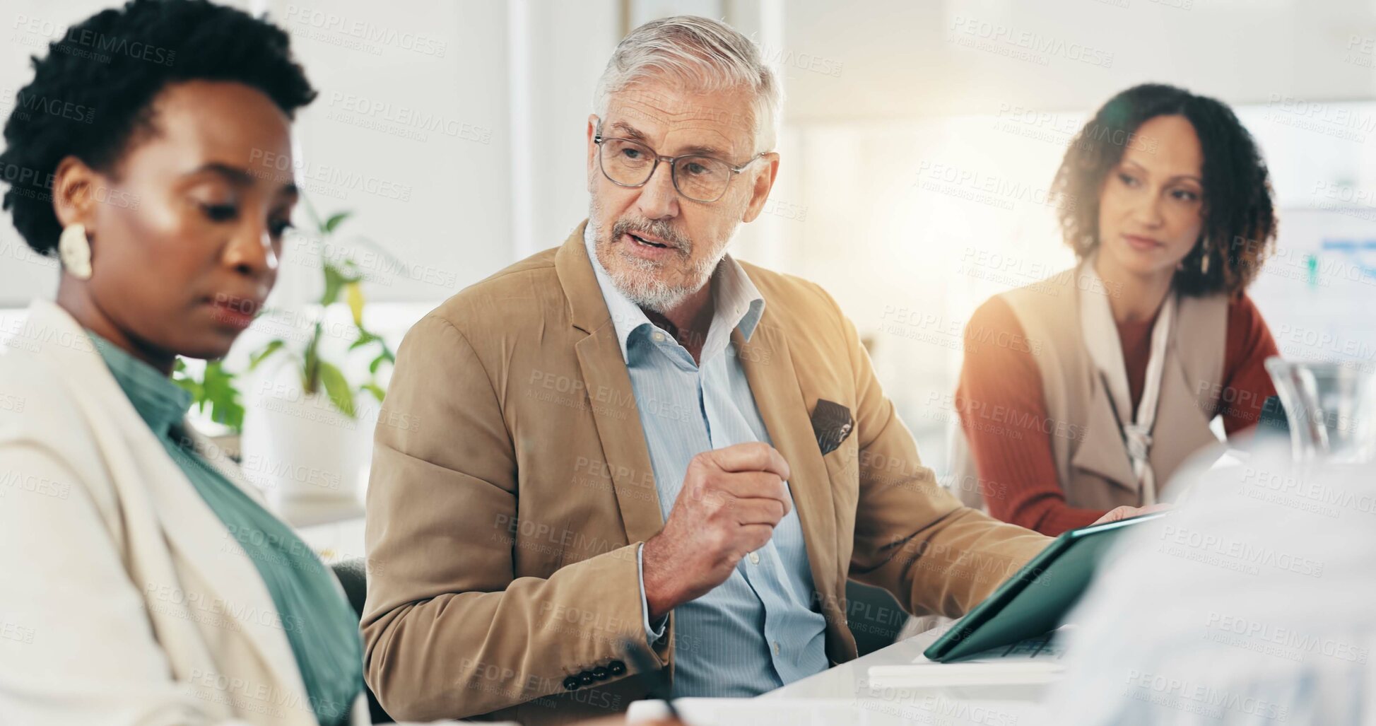 Buy stock photo Meeting, tablet and business people in office, feedback and planning with collaboration. Group, tech and employees in workplace, research and ideas for proposal, conversation and advice for project