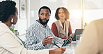 Meeting, tablet and business people in office, communication and editing with creativity. Copywriting, tech and journalist in workplace, collaboration or ideas for article or research for news report