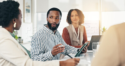 Buy stock photo Meeting, tablet and business people in office, communication and editing with creativity. Copywriting, tech and journalist in workplace, collaboration or ideas for article or research for news report