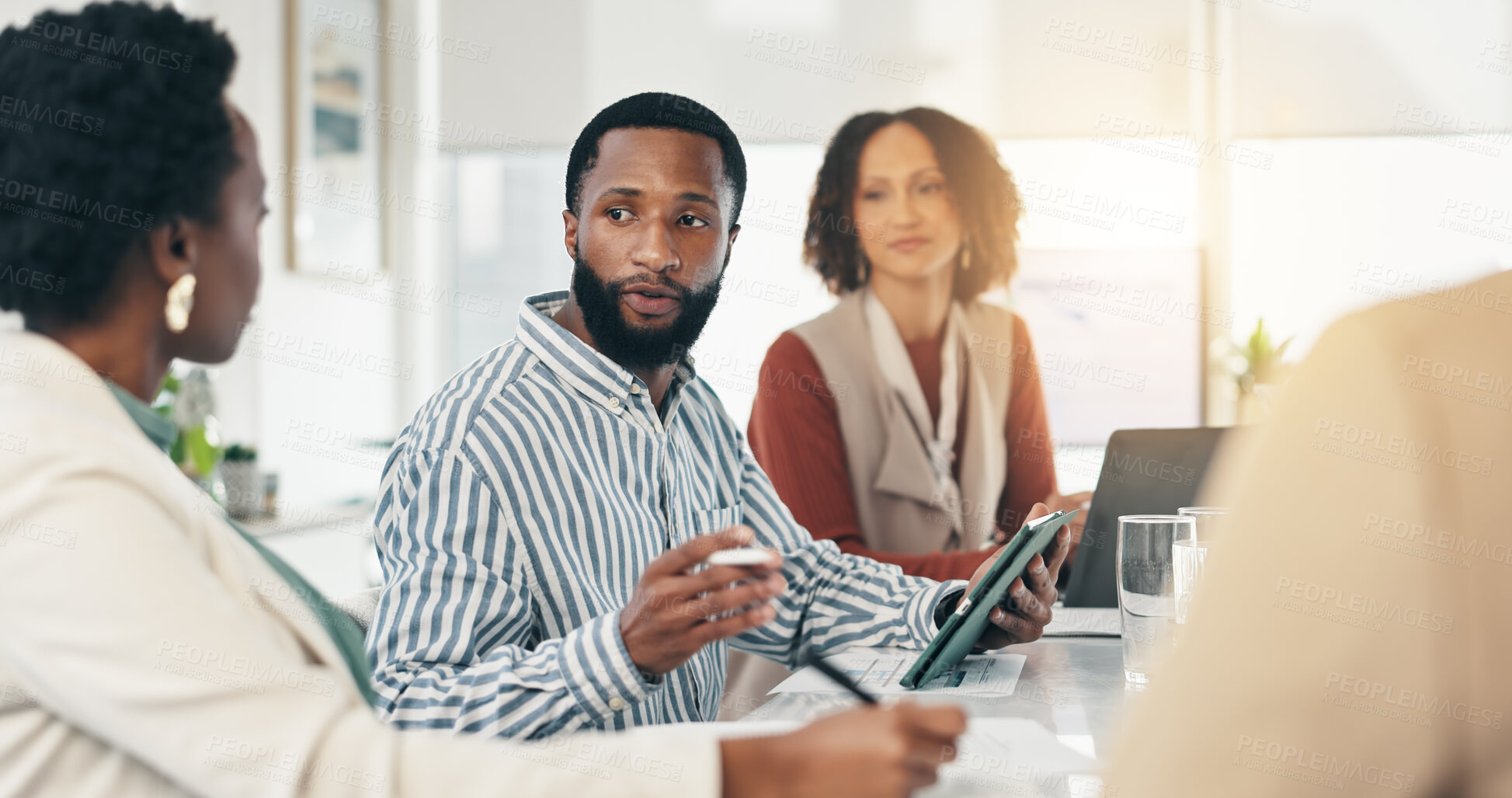 Buy stock photo Meeting, tablet and business people in office, communication and editing with creativity. Copywriting, tech and journalist in workplace, collaboration or ideas for article or research for news report