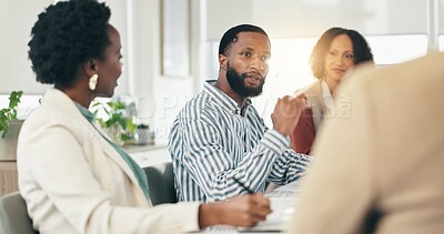 Buy stock photo Meeting, group and man with ideas for project, investment analyst or plan for proposal in boardroom. Serious, colleagues and people with financial strategy for funding, discussion and opportunity