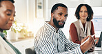 Boardroom, group and man with ideas for proposal, investment analyst or plan for project in meeting. Serious, colleagues and people with financial strategy for funding, discussion and opportunity