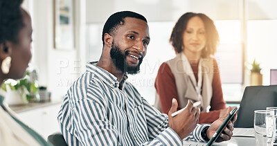 Buy stock photo Meeting, tablet and business people in office, creative project and planning with conversation. Group, tech and employees in workplace, collaboration and ideas for proposal, design team and research