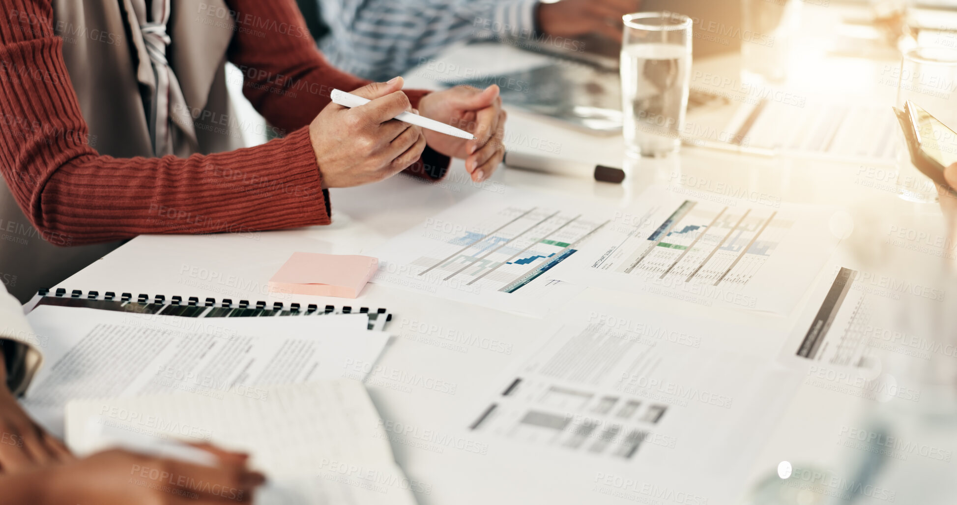 Buy stock photo Hands, paperwork and business people in office, collaboration or meeting with proposal. Employees, accounting or documents with advice, budget report or conversation with profit analytics or research